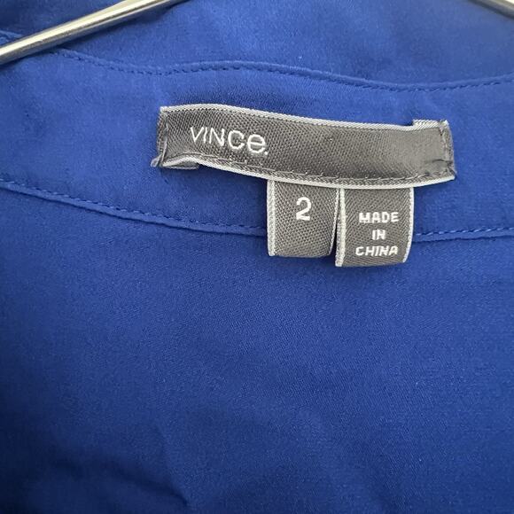 VINCE Cobalt Blue 100% Silk Collar Long Sleeve Blouse Top Sz 2 - Picture 2 of 8